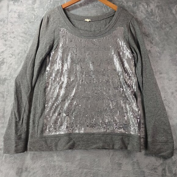 J Crew Womens Gray Sequin Sweatshirt Style 33583 M 100% Cotton Scoop Neck Glam - Picture 1 of 11